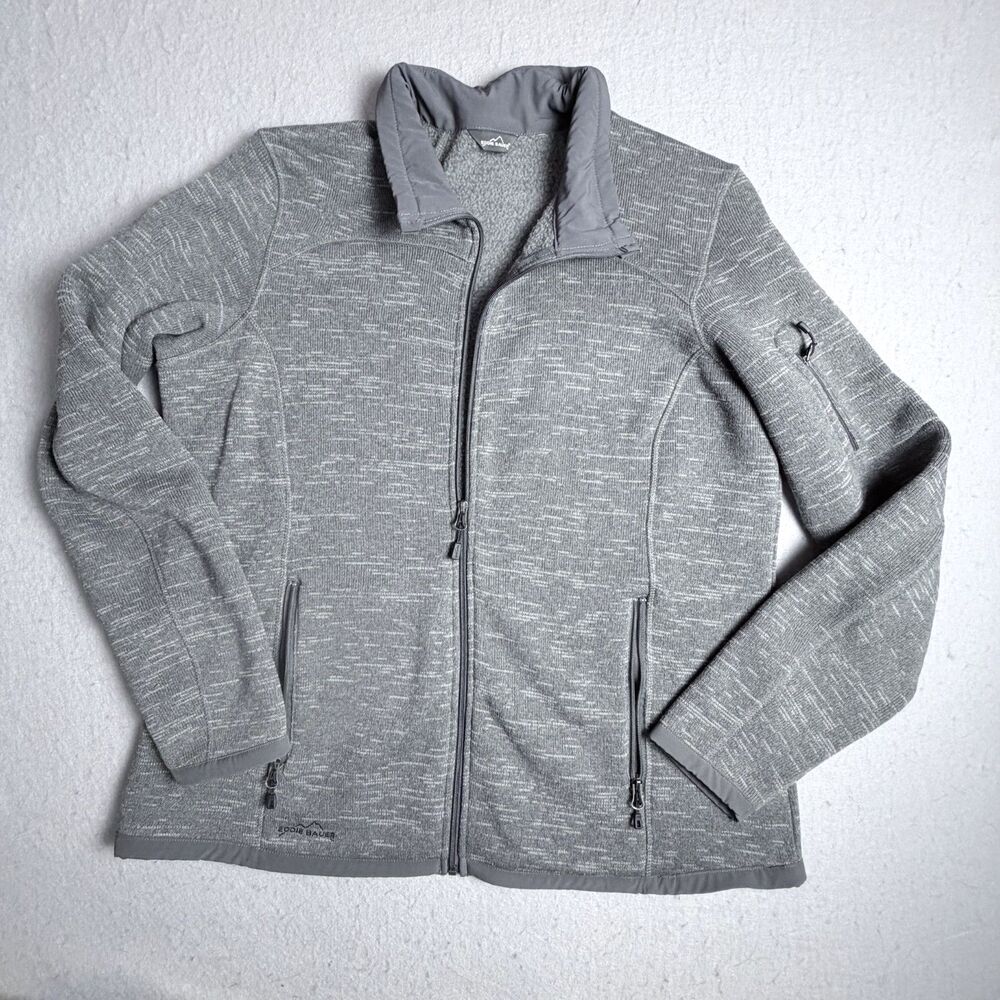 Eddie Bauer 2XL Women Full Zip Cadet Collar Gray Sweater Fleece Zip Pockets Coat